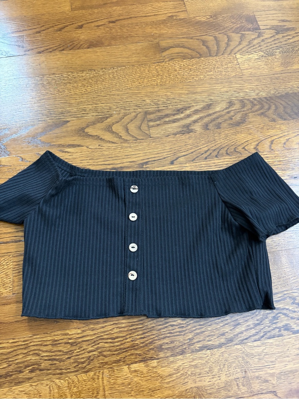 Off-Shoulder Black Button-Front Ribbed Crop Top